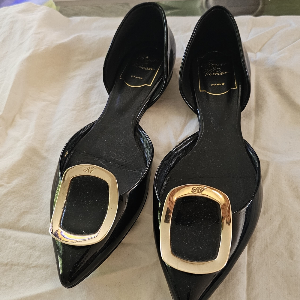 Black Patent Leather Flats with Gold Buckle
